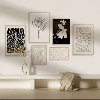 Nordic small-batch retro abstract geometric canvas paintings with floral lines, multi-piece combination for living room background wall decoration.