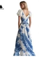 Green dimple V-neck printed dress short sleeve belt floral dress From China