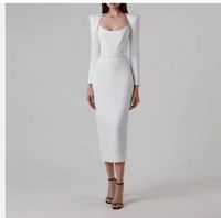 New style long-sleeved high-waisted belt midi dress, fashionable back split elegant women's clothing