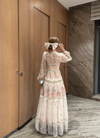 Long Sleeve Belt Design Vintage Women Elegant Long Dress Casual Everyday Spring Summer Crew-neck Mesh Dress