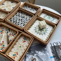 Handmade rattan woven shell colored storage for home living room light luxury picnic snacks dried fruits tea cup restaurant tray fruit plate