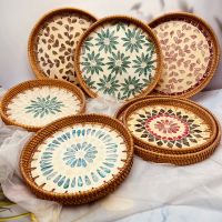 Handmade rattan shell colored storage round home living room light luxury picnic fruit basket candy restaurant tray