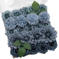 TINGE TIME Artificial Flowers Combo Box Set, Dusty Blue Roses Gradient Color Fake Roses with Stems for DIY Wedding Bouquets Table Centerpieces Baby Shower Home Party Floral Arrangements Decorations