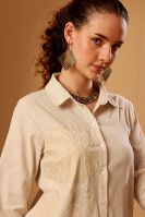 Beige Embroidered Linen Blend Shirt Dress