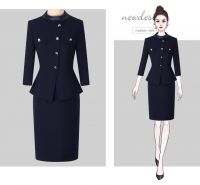 Women Navy Blue Stand-Collar Peplum