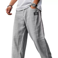 OEM Men's Linen Pants Loose Casual Trousers Custom Woven Label White Label Sweatpants