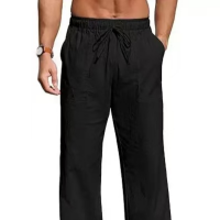 OEM Men's Casual Drawstring Pants Cotton Linen Loose Trousers White Label Custom Sweatpants