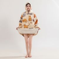 Oversized Wearable Cozy Printed Fleece Sherpa Hoodie Blanket with Pocket