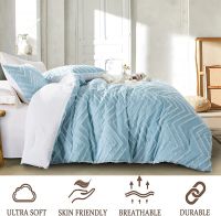 STUAA Blue Comforter Boho Reversible White Striped Tufted Farmhouse Comforter Sets