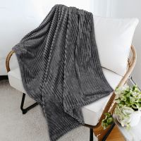 Grey Fuzzy Plush Flannel Throw, Warm Cozy Ribbed Microfiber Blanket for Sofa Couch, Lightweight Striped Blanket