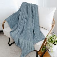 Blue Fuzzy Plush Flannel Throw, Warm Cozy Ribbed Microfiber Blanket for Sofa Couch, Lightweight Striped Blanket