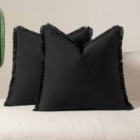 Boho Decorative Throw Pillow Covers with Fringe for Couch, Living Room 18x18 Inches Olive Green