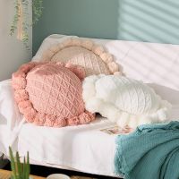 Acrylic Knitted Round Throw Pillow Knitting Bohemian Circular Cushion Pillow with Knit Handmade Pompoms Decorative Diameter 18inch
