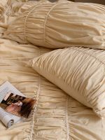 100% Cotton Duvet Cover Set Ruffle Lace Edge Natural Cream Washed All Season Comforter Cover Fitted Sheet Bedding Set