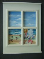wood hanging window with beach view