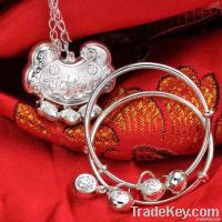 chinese handmade sterling silver bangle and necklace baby jewelry set