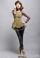 New Womens Sexy Round Collar Lace Joint Tunic Slim Tulle T-Shirt