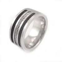 Pure Titanium Ring with Three Rows of Silvery Cable Run Halfway