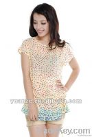 2012short sleeve scoop neckline polka dot print blouse