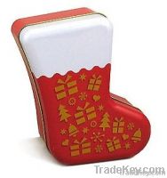Christmas sock tin can, christmas promotional tin case, metal xmas box