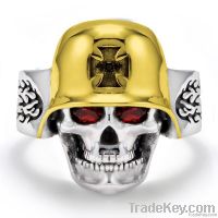 Cool Stainless Steel Gold-Plated Iron Cross German Helmet Skull Ring
