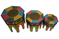 wooden brass painted octangal stool set of three