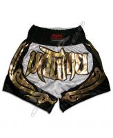 Wholesale Blue Satin Muay Thai Shorts | Gold Traditional Kickboxing Shorts with Red/White Trim Supplier