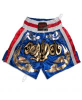 OEM Custom Muay Thai Kickboxing Shorts | Blue with Gold Embroidery Manufacturer Pakistan