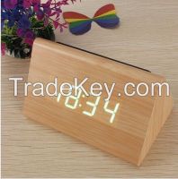 Bamboo Wood Triangular Green LED Alarm Digital Desk Clock