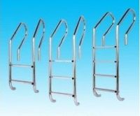 Swimming pool ladder with safety rail