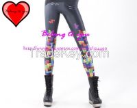 Women Black Galaxy Space Leggings Colorful Tetris Printed Jeggings Pan