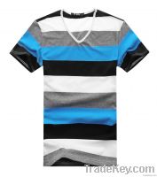 Fashion men&#039;s cotton lycra v-neck stripe T-shirt with short sleeves