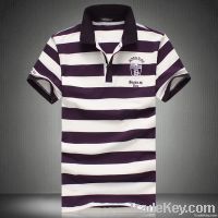 Men&#039;s summer lapel leisure stripe cotton short sleeve T-shirt