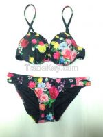 Sexy string bikini with push up cup flower print UV protection