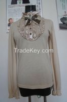 Delicate Cream Colored Women's Blouses Chest With Lace Layers Long Sleeve Shirt