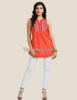 ORANGE DOBBY TUNIC WITH EMBROIDED YOKE