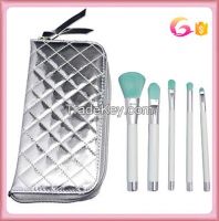  5pcs Spring Makeup Brushes Set Foundation Eyeshadow crease Brush Makeup Tool with silver quilting leather case